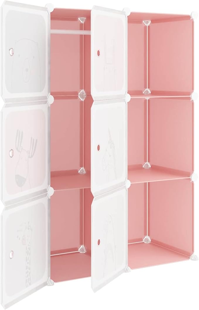 Dulap modular pentru copii, Roz, AT PERFORMANCE®, 6 rafturi Design Colorat cu Desene Jucăușe 🦄🦌🦈🦓